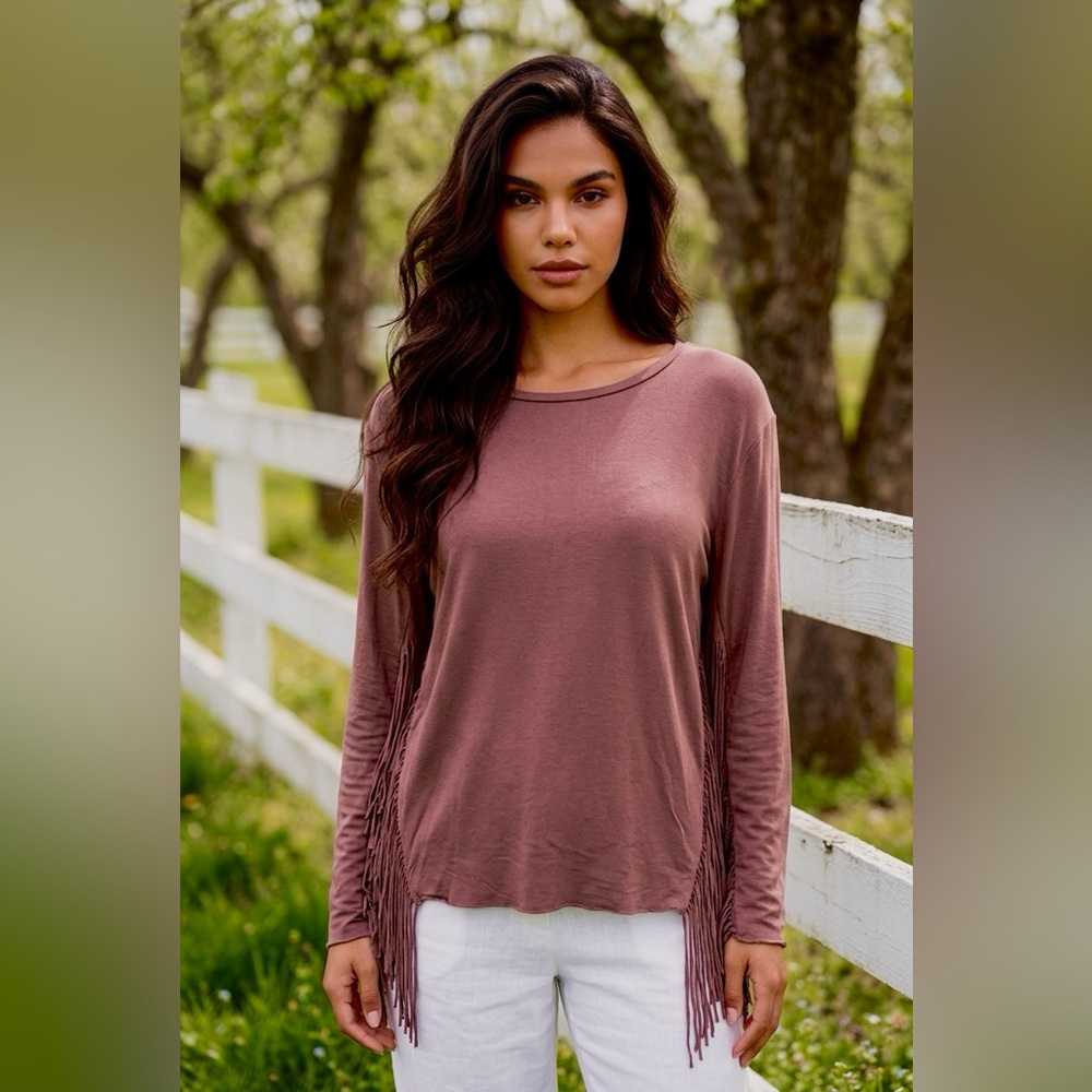 Anthropologie Fantastic Fawn Brown Long Western Fringed Top Women’s M 8-10 Relax